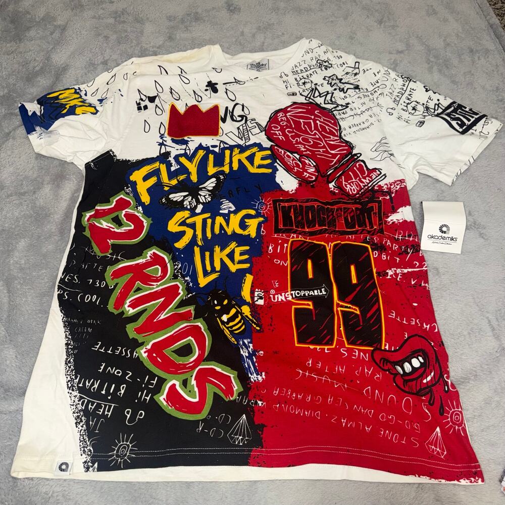 Akademiks Fly Like Sting Like Knockout 99 Graphic T-Shirt Men’s 2XL White NWT